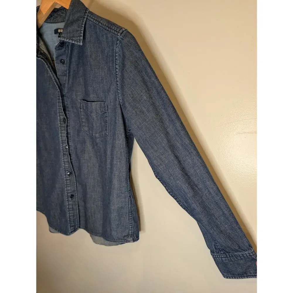 Uniqlo Blue Chambray Denim Button Down Shirt Long Sleeve Women's Medium - Picture 3 of 7
